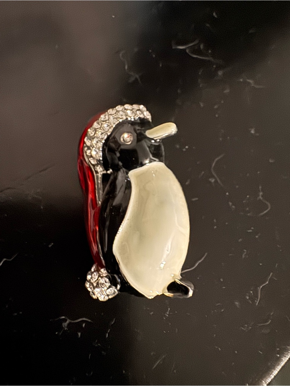 Festive Penguin Brooch Pin - Black, White & Red Enamel with Crystal Accents